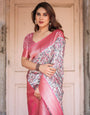 Pink Banarasi Silk Saree with Vibrant Floral Digital Print & Elegant Zari Border