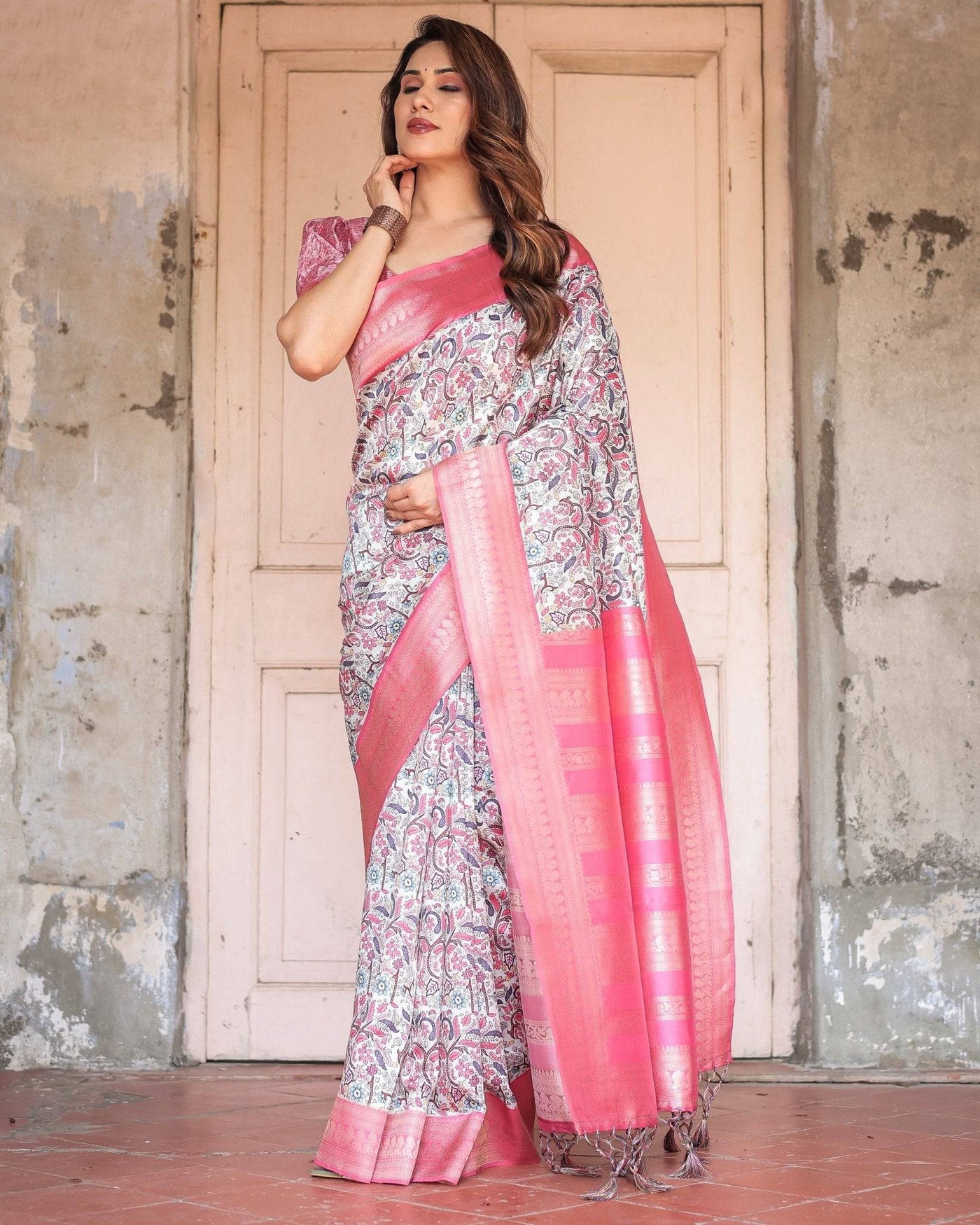 Pure Banarasi Digitally Printed Silk Saree Weaved With Zari Comes With Tassels.