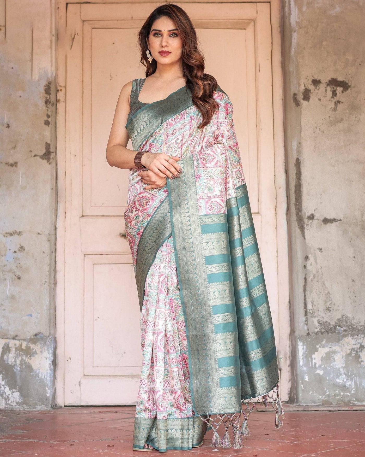 Pure Banarasi Digitally Printed Silk Saree Weaved With Zari Comes With Tassels.