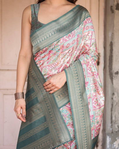 Pure Banarasi Digitally Printed Silk Saree Weaved With Zari Comes With Tassels.