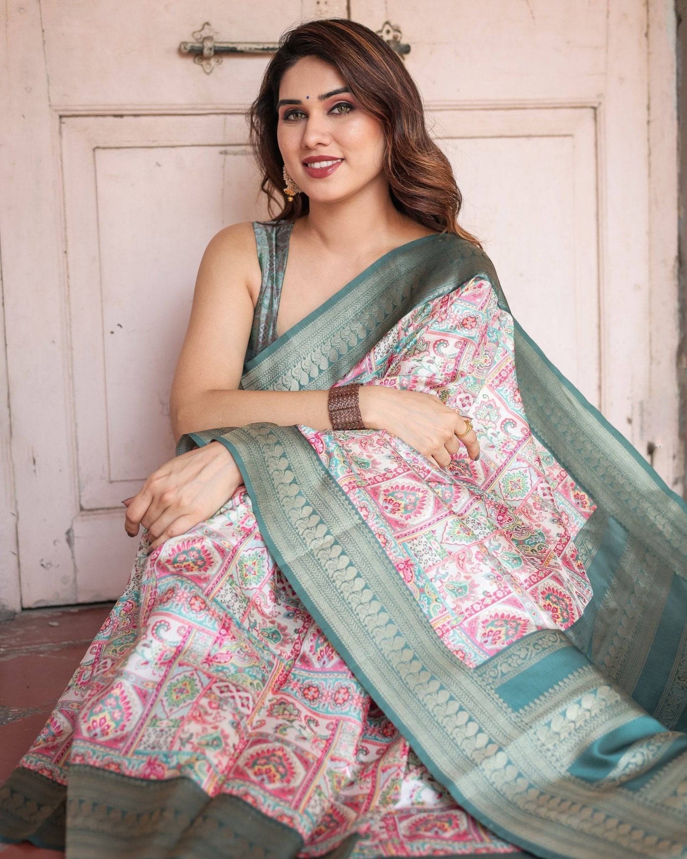 Pure Banarasi Digitally Printed Silk Saree Weaved With Zari Comes With Tassels.