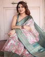 White Banarasi Silk Saree with Pastel Multicolor Prints and Green Zari Border