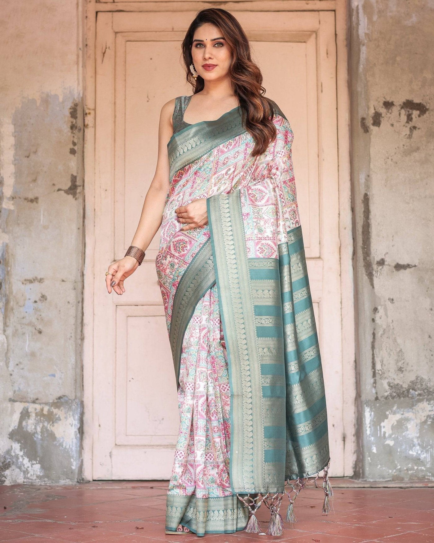 Pure Banarasi Digitally Printed Silk Saree Weaved With Zari Comes With Tassels.