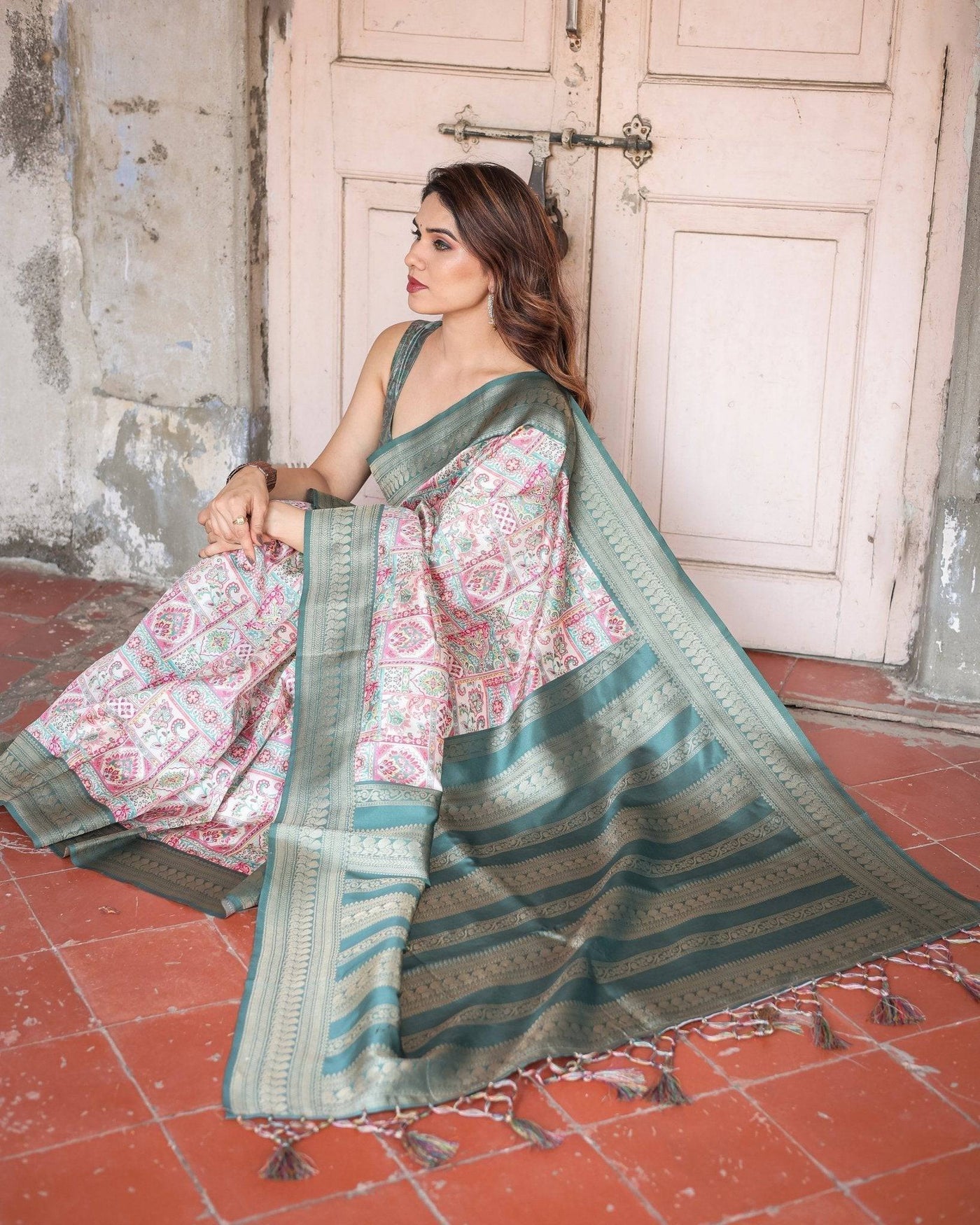 Pure Banarasi Digitally Printed Silk Saree Weaved With Zari Comes With Tassels.