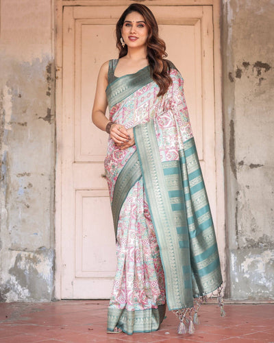 Pure Banarasi Digitally Printed Silk Saree Weaved With Zari Comes With Tassels.