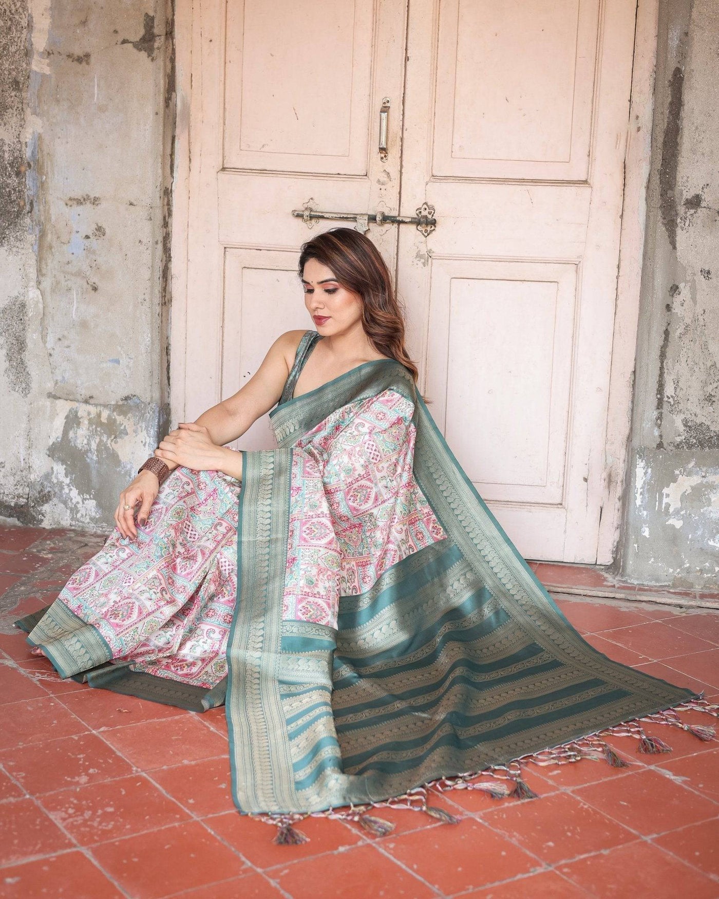 Pure Banarasi Digitally Printed Silk Saree Weaved With Zari Comes With Tassels.