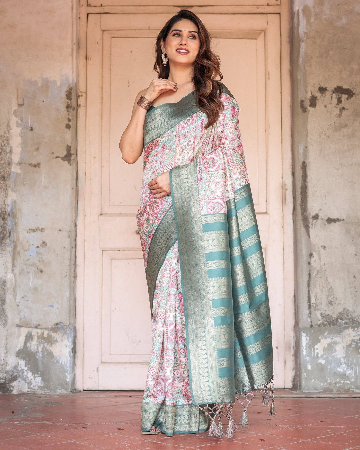 Pure Banarasi Digitally Printed Silk Saree Weaved With Zari Comes With Tassels.