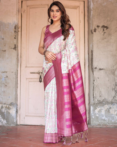 Pure Banarasi Digitally Printed Silk Saree Weaved With Zari Comes With Tassels.