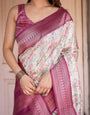 Off-White Banarasi Silk Saree with Pink Ikat Design and Zari Border