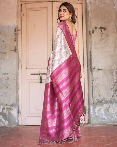 Pure Banarasi Digitally Printed Silk Saree Weaved With Zari Comes With Tassels.