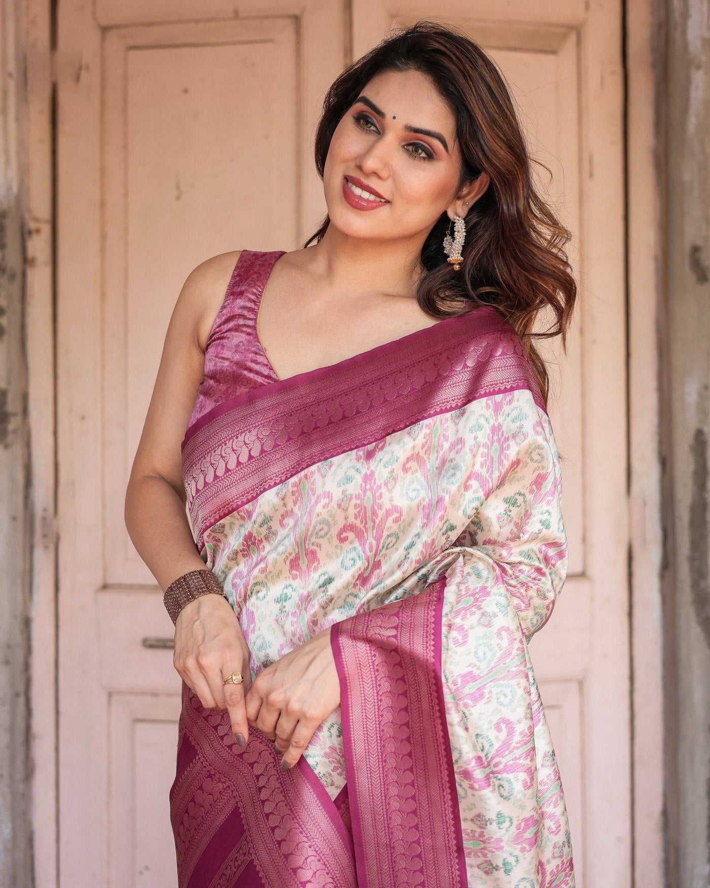 Pure Banarasi Digitally Printed Silk Saree Weaved With Zari Comes With Tassels.