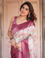 Off-White Banarasi Silk Saree with Pink Ikat Design and Zari Border