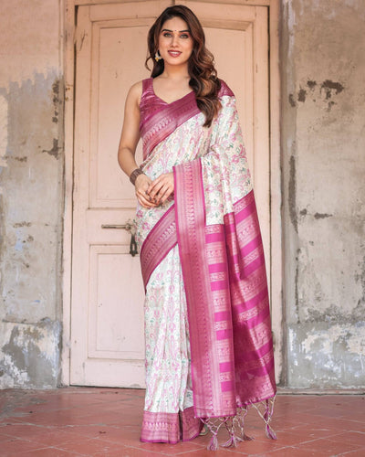 Pure Banarasi Digitally Printed Silk Saree Weaved With Zari Comes With Tassels.