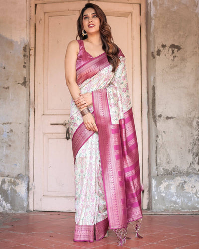 Pure Banarasi Digitally Printed Silk Saree Weaved With Zari Comes With Tassels.