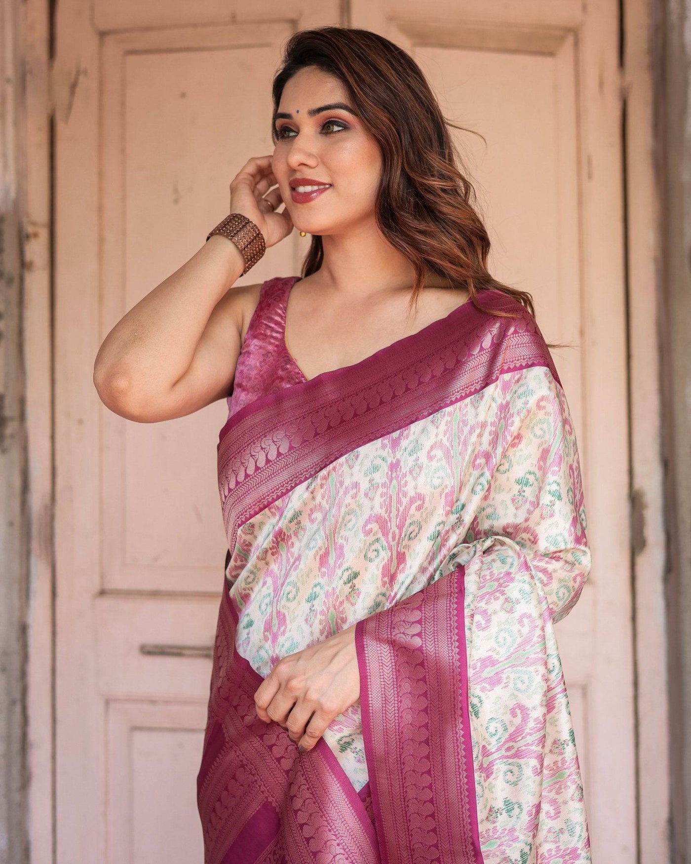 Pure Banarasi Digitally Printed Silk Saree Weaved With Zari Comes With Tassels.