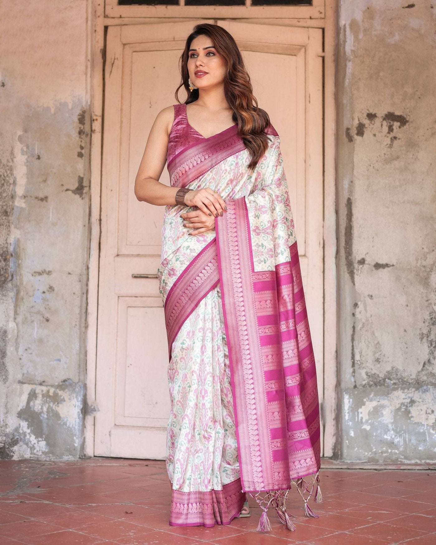 Pure Banarasi Digitally Printed Silk Saree Weaved With Zari Comes With Tassels.