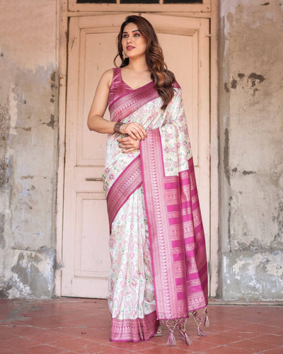 Pure Banarasi Digitally Printed Silk Saree Weaved With Zari Comes With Tassels.