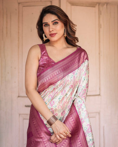 Off-White Banarasi Silk Saree with Pink Ikat Design and Zari Border