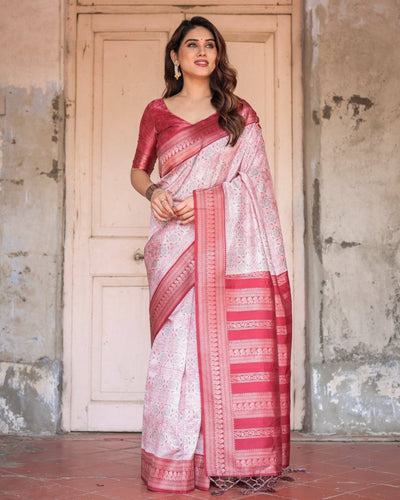 Pure Banarasi Digitally Printed Silk Saree Weaved With Zari Comes With Tassels.