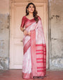 Pure Banarasi Digitally Printed Silk Saree Weaved With Zari Comes With Tassels.