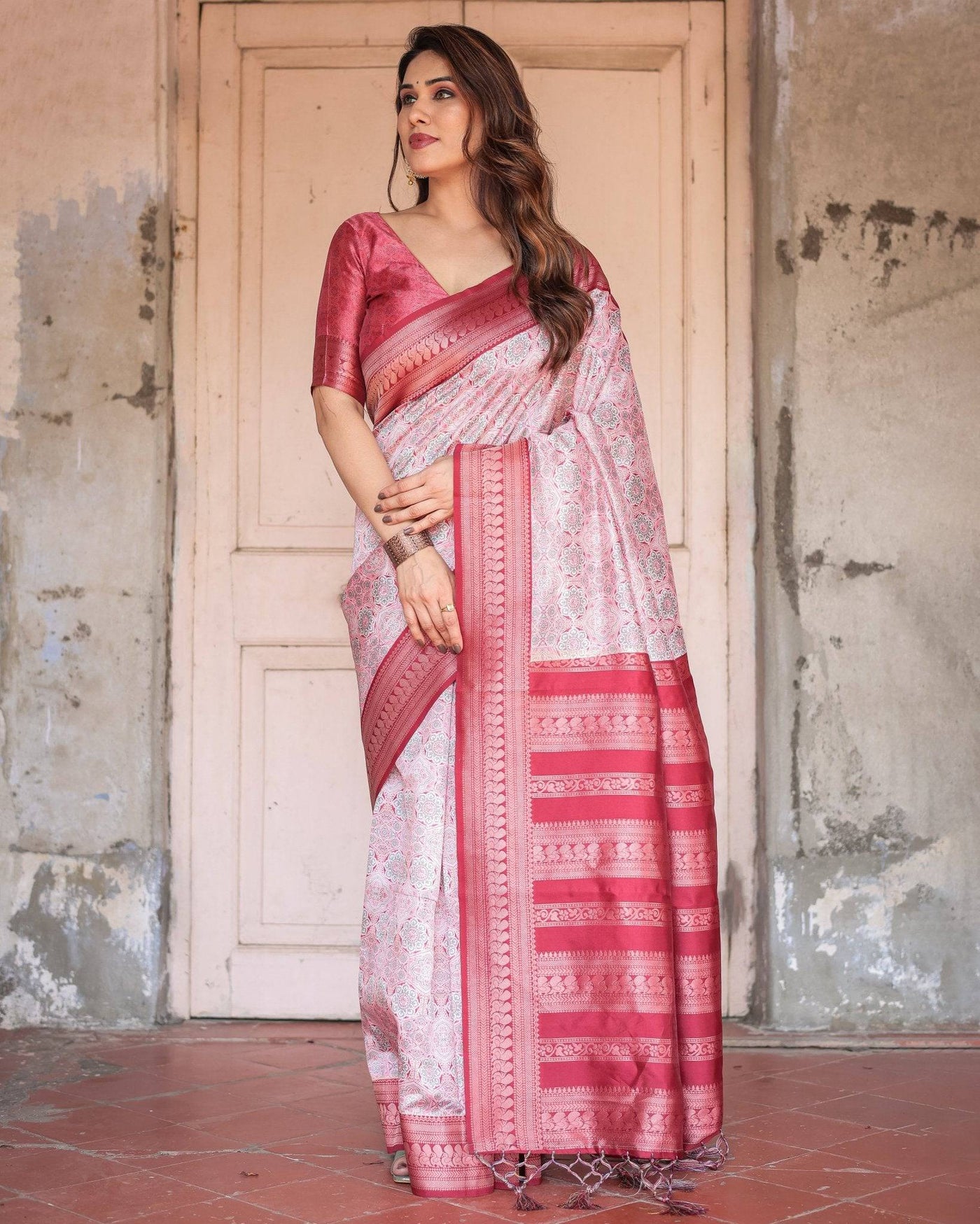 Crimson Red Banarasi Silk Saree with Geometric Digital Print & Zari Border