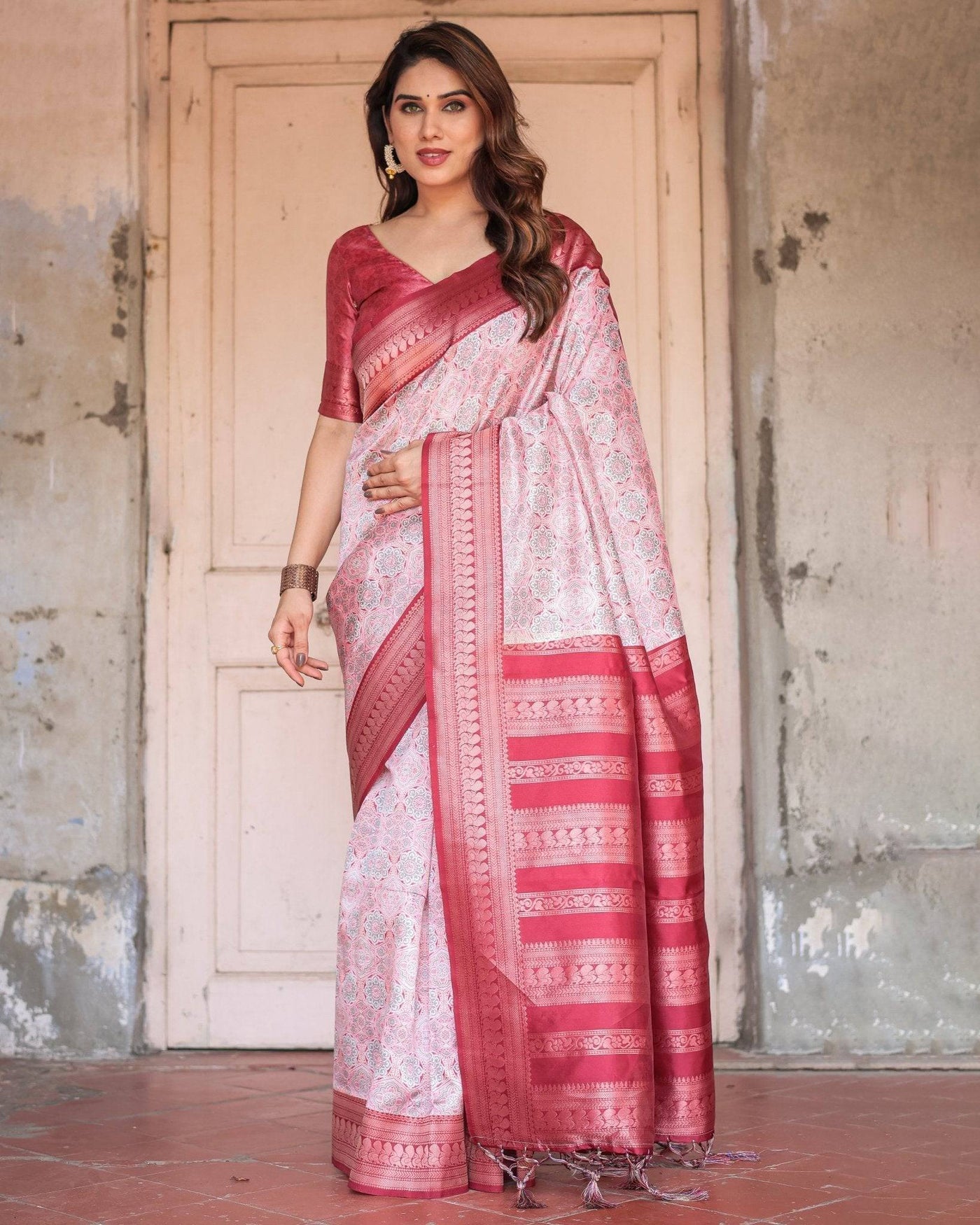 Pure Banarasi Digitally Printed Silk Saree Weaved With Zari Comes With Tassels.