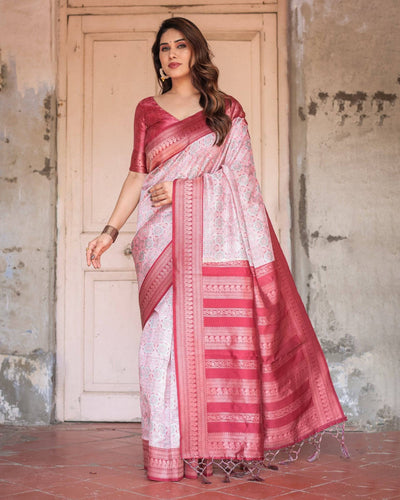 Pure Banarasi Digitally Printed Silk Saree Weaved With Zari Comes With Tassels.