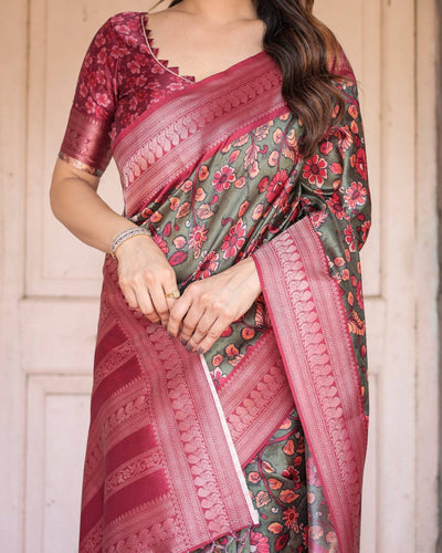 Pure Banarasi Digitally Printed Silk Saree Weaved With Zari Comes With Tassels.