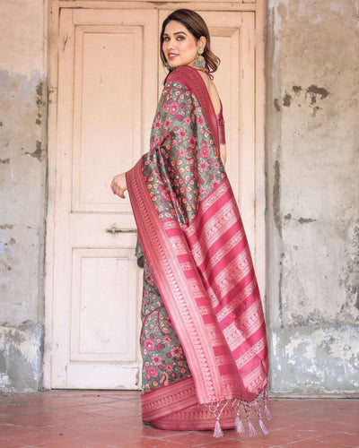 Pure Banarasi Digitally Printed Silk Saree Weaved With Zari Comes With Tassels.