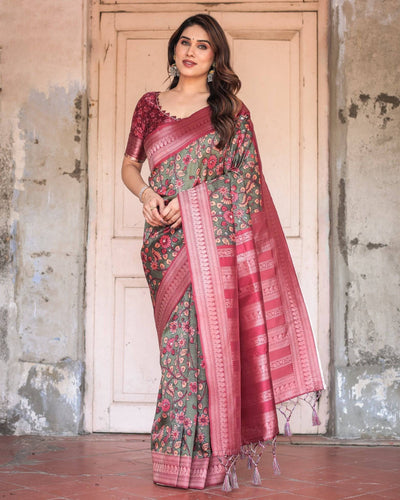 Pure Banarasi Digitally Printed Silk Saree Weaved With Zari Comes With Tassels.