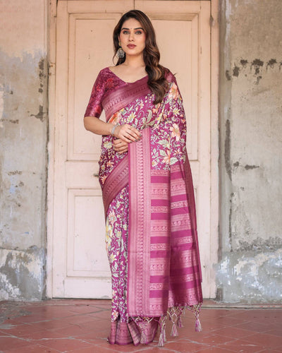 Pure Banarasi Digitally Printed Silk Saree Weaved With Zari Comes With Tassels.