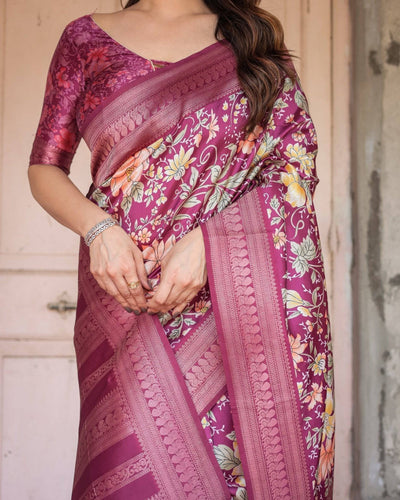 Pure Banarasi Digitally Printed Silk Saree Weaved With Zari Comes With Tassels.