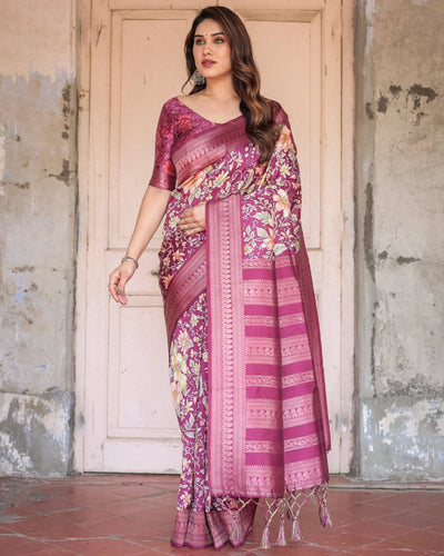 Wine and Rose Gold Floral Banarasi Silk Saree with Zari and Tassels