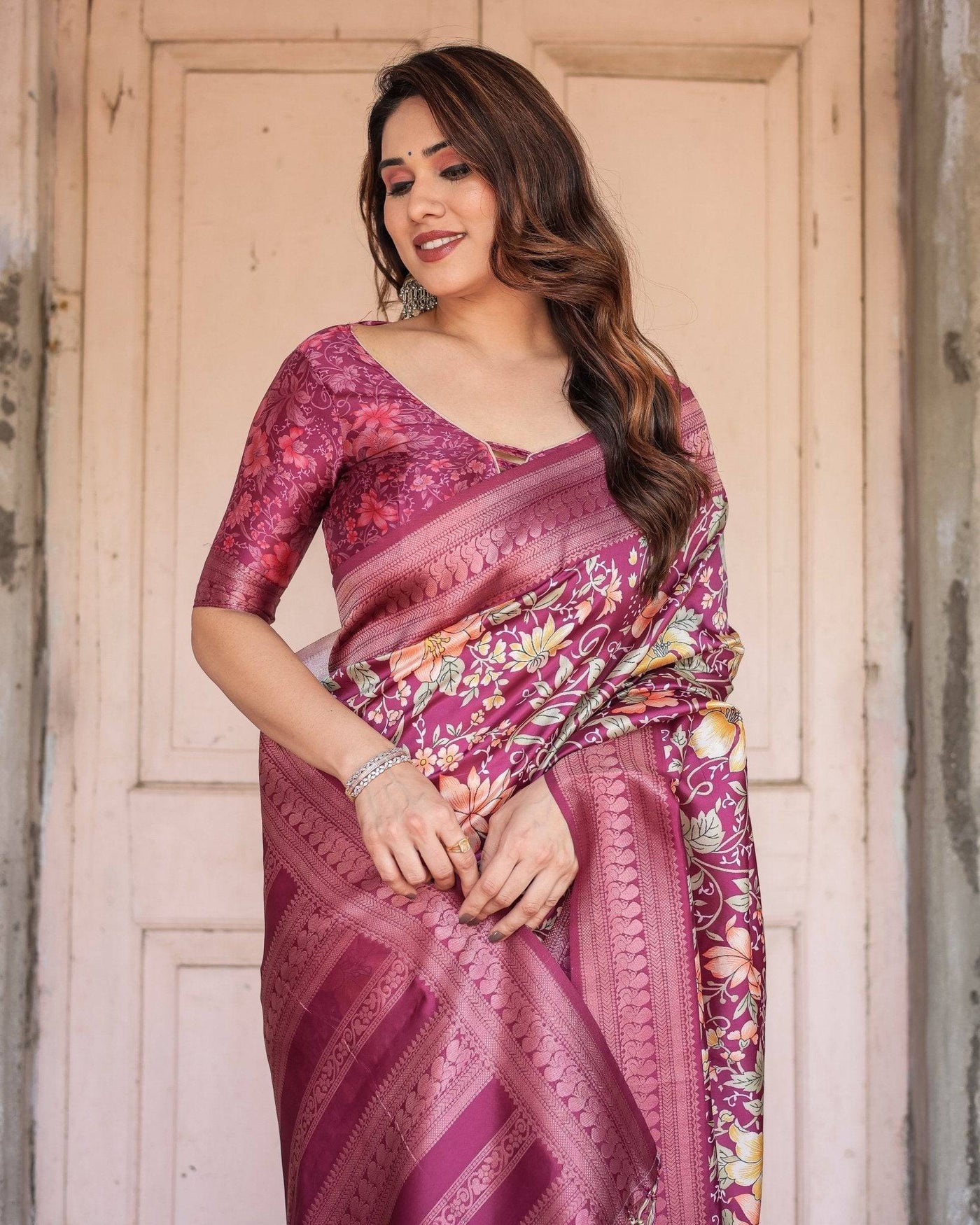 Pure Banarasi Digitally Printed Silk Saree Weaved With Zari Comes With Tassels.