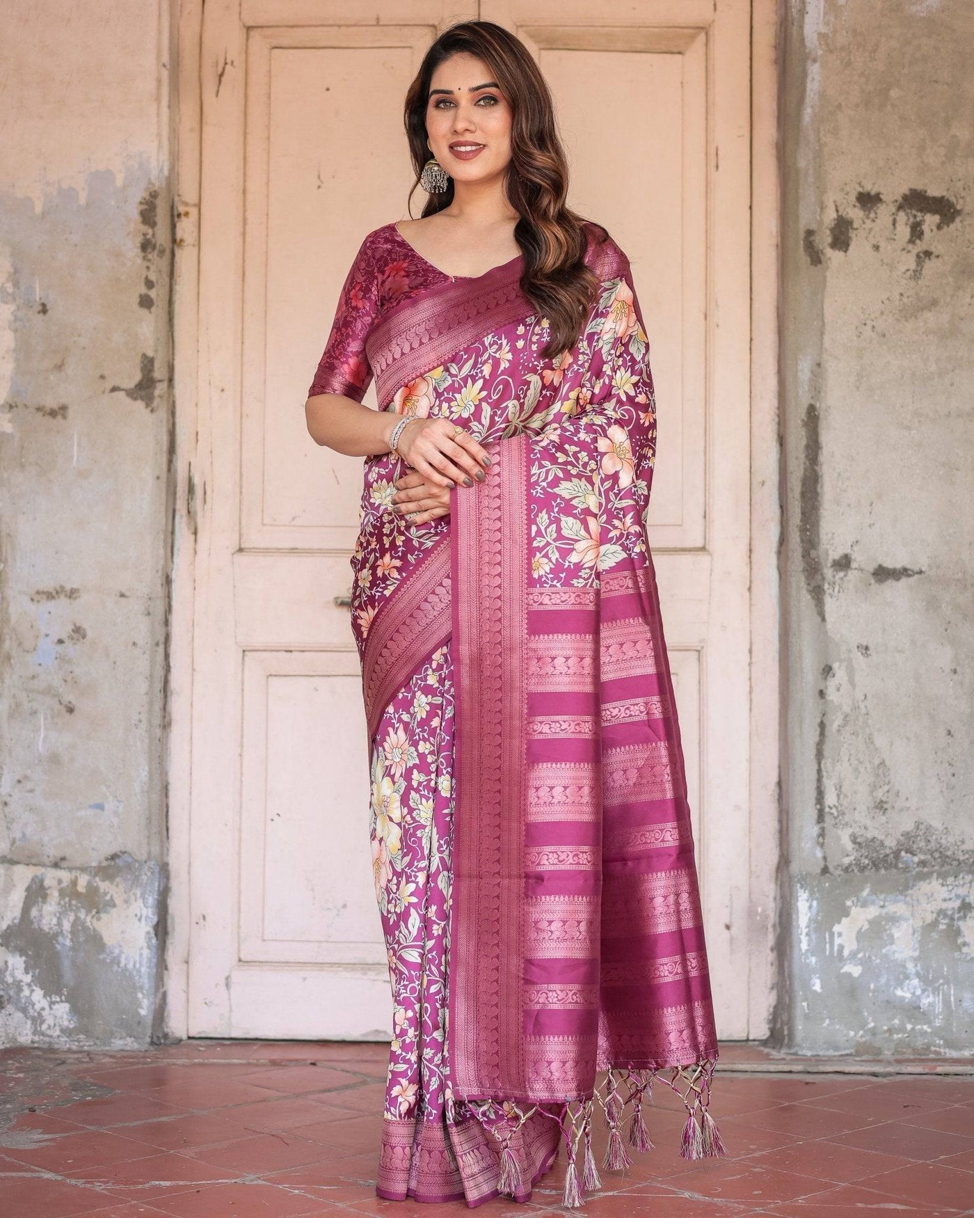 Wine and Rose Gold Floral Banarasi Silk Saree with Zari and Tassels