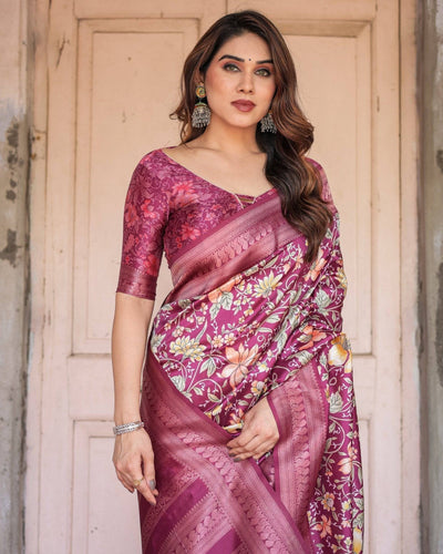 Pure Banarasi Digitally Printed Silk Saree Weaved With Zari Comes With Tassels.