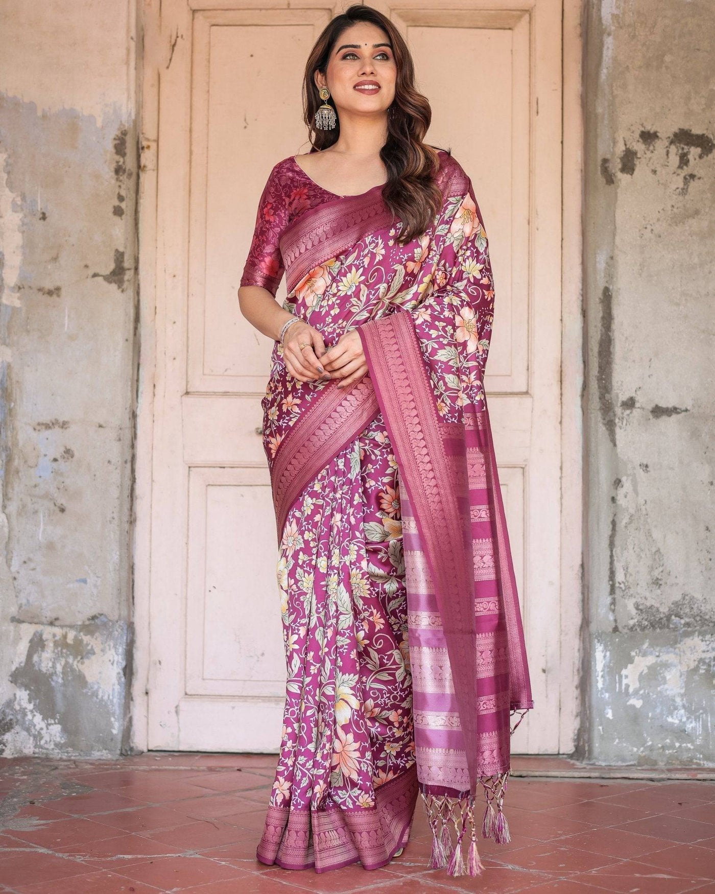 Pure Banarasi Digitally Printed Silk Saree Weaved With Zari Comes With Tassels.