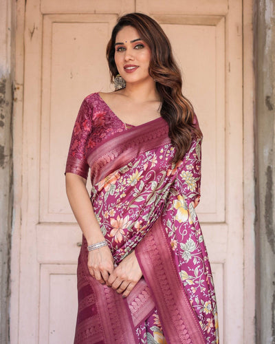 Pure Banarasi Digitally Printed Silk Saree Weaved With Zari Comes With Tassels.