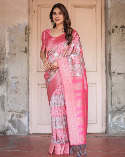 Exquisite Pink and Silver Banarasi Silk Floral Saree with Tassels