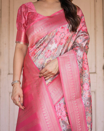 Exquisite Pink and Silver Banarasi Silk Floral Saree with Tassels