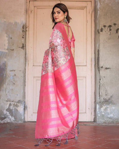 Exquisite Pink and Silver Banarasi Silk Floral Saree with Tassels