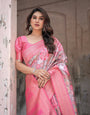 Exquisite Pink and Silver Banarasi Silk Floral Saree with Tassels