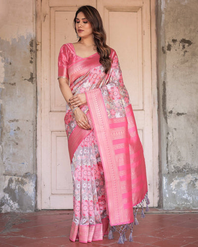 Exquisite Pink and Silver Banarasi Silk Floral Saree with Tassels