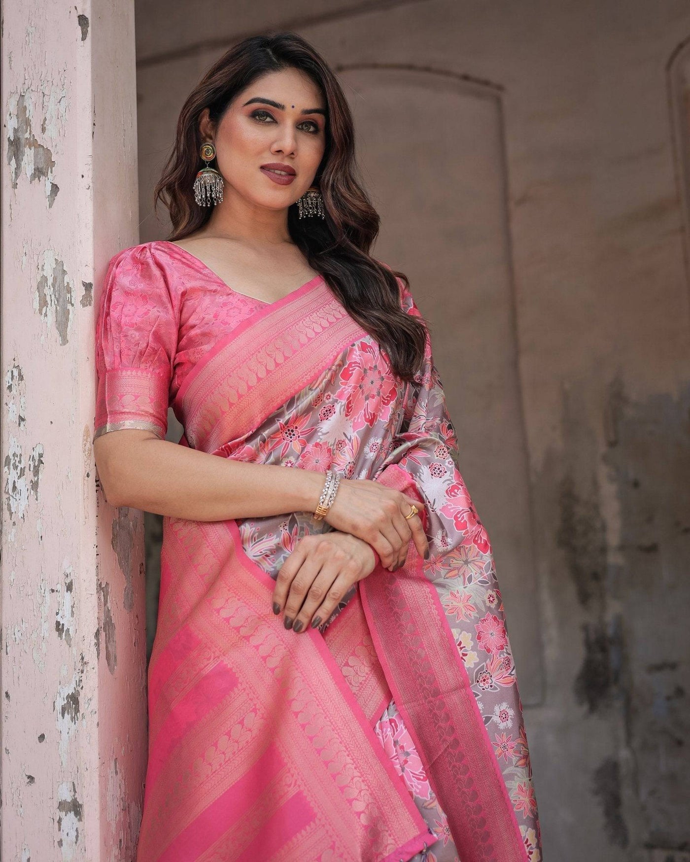 Exquisite Pink and Silver Banarasi Silk Floral Saree with Tassels