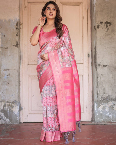 Pure Banarasi Digitally Printed Silk Saree Weaved With Zari Comes With Tassels.