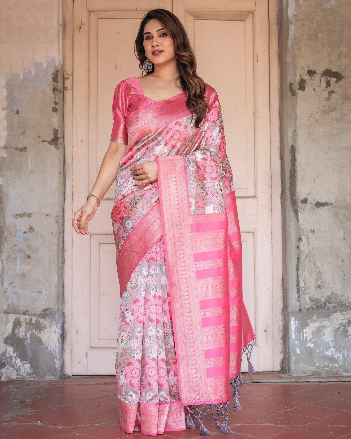 Pure Banarasi Digitally Printed Silk Saree Weaved With Zari Comes With Tassels.