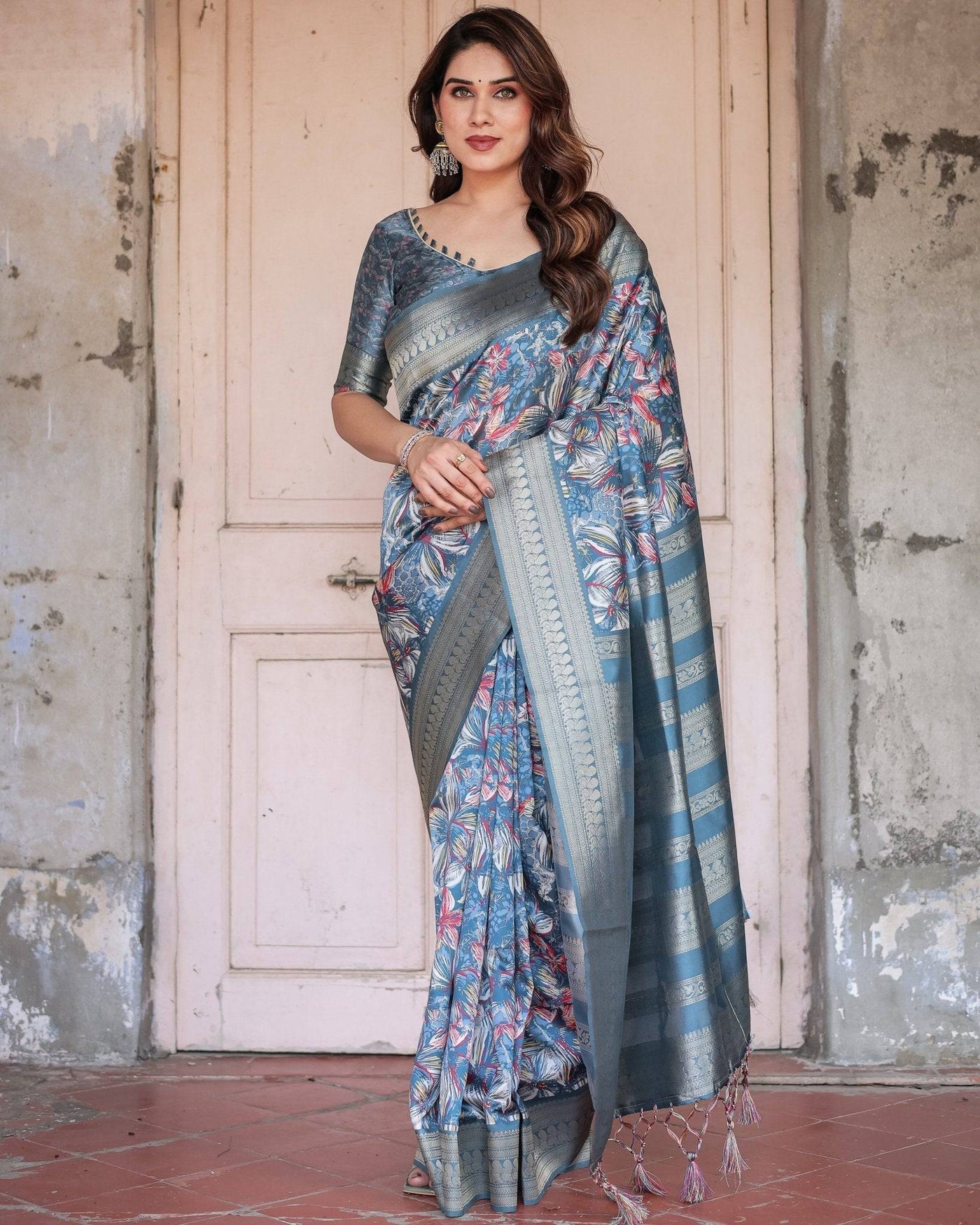 Steel Blue Banarasi Silk Saree with Tropical Floral Digital Print & Zari Border