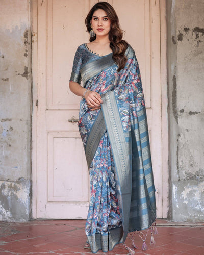 Steel Blue Banarasi Silk Saree with Tropical Floral Digital Print & Zari Border