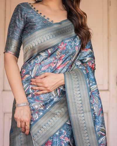 Pure Banarasi Digitally Printed Silk Saree Weaved With Zari Comes With Tassels.