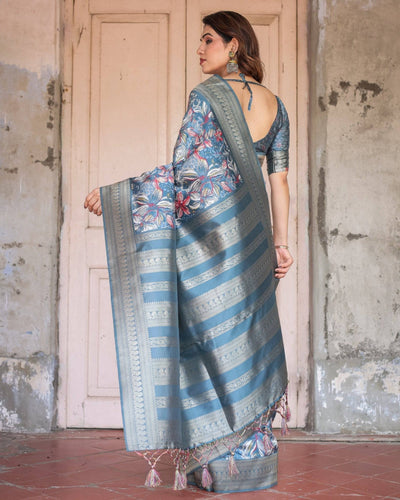 Steel Blue Banarasi Silk Saree with Tropical Floral Digital Print & Zari Border